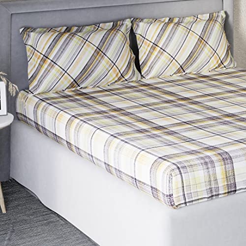 Image of DDECOR - Plaids 100% Cotton Double Bedsheet with 2 Pillow Covers, Yellow