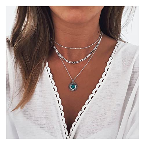 Andelaisi Boho Turquoise Sunflower Pendant Necklace Chain Layered Figaro Chain Necklaces Silver Satellite Chain Choker Necklace Vintage Turquoise Chain Necklace for Women and Girls