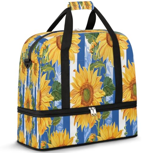 Travel Duffel Bags Sunflower Stripes Foldable Weekender Bags for Women with Shoes Compartment Waterproof & Tear Resistant Carry on Overnight Luggage Duffel Bag Shoulder Sports Tote Bag