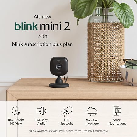 Free Blink Mini 2 with 1-Year Plus Subscription — Plug-in smart security camera, HD night view in color, built-in spotlight, motion detection, Works with Alexa — 1 Camera (Black)