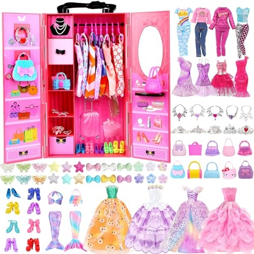 ZNTWEI 98 Pcs Doll Clothes and Accessories with Closet Wardrobe DIY Playset for 11.5 Inch Doll Including Wedding Dress Fashion Dress Casual wear Swimsuit Shoes Hangers Necklace Bags