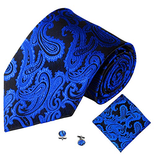 Geek-M Herren Krawatten-Set Paisleymuster Krawatte mit Einstecktuch und Manschettenknöpfen, klassische Krawatten für Hochzeit Business - Blau - Einheitsgröße