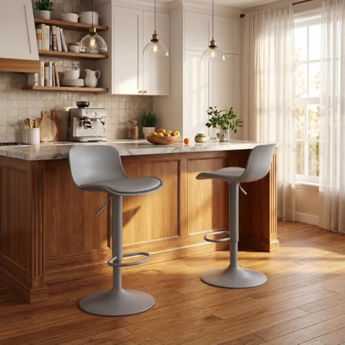 YOUNIKE Bar Stools Set of 2 Gray Modern Counter Height Barstools, PU Leather Padded Swivel Adjustable High Chairs with Back for Home Kitchen Island