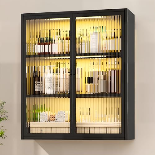 Image of Laundry Room Cabinets Wall Mounted, Bathroom Wall Cabinet with Glass Doors & LED Lights, Black Metal Medicine Cabinet for Bathroom, Kitchen, Living Room and Entryway