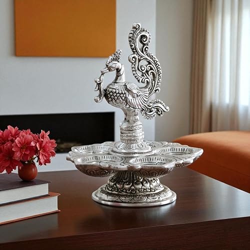 Image of Traditional Silver-Plated Peacock Pooja Thali, 5-Compartment Diya Stand with Ornate Design