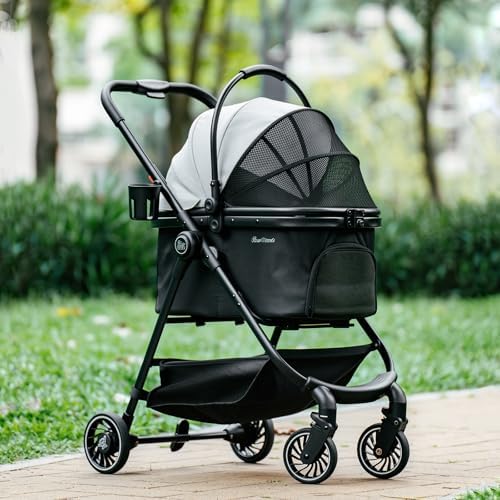 Pet Stroller for Small Dogs and Cats, One-Click Foldable Dog Stroller with Detachable Carrier & 3 Safety Tethers, Holds up to 33 lbs, Storage Basket & Cup Holder, Breathable Mesh, Black