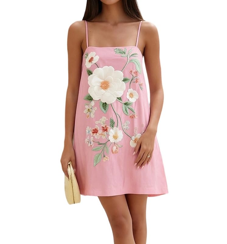 Image of Women Boho Floral Mini Cami Dress Spaghetti Strap Flowy Sling Dress Graphic Backless Summer Holiday Sundress