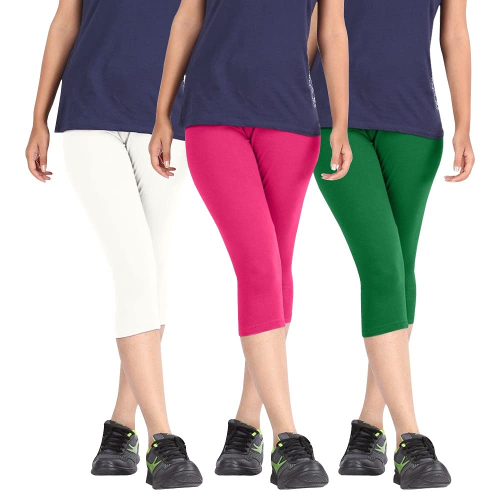 Biowashed Cotton Stretchable Capri Legging Combo Pack of 3 for Women/Girls/Ladies (White, Pink and Green) - Free Size-picture-47
