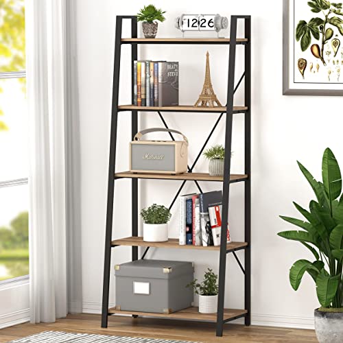 BON AUGURE Industrial 5 Tier Ladder Bookshelf, Wood and Metal