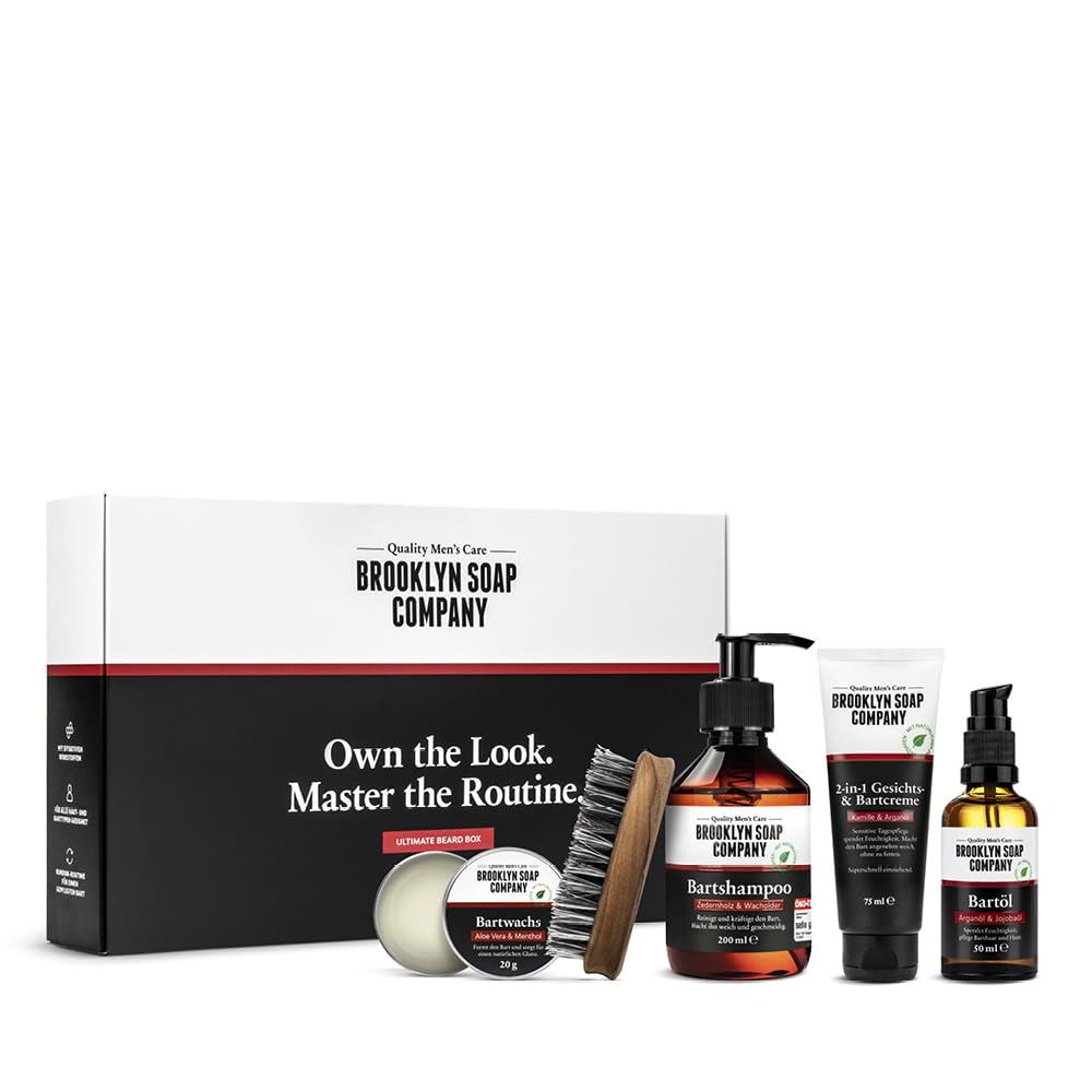 Brooklyn Soap Company Ultimate Beard Box Kit d'entretien de barbe avec huile à barbe, shampoing à barbe, brosse à barbe, cire à barbe et crème à barbe – Idée cadeau pour homme
