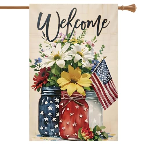 CJYGEGE 4th of July Mason Jar Flowers Summer Garden Flag 28x40 Patriotic Celebration Double-Sided Decorative Burlap Yard Flag for Memorial Day Independence Day Outside Decoration Holiday Festivities