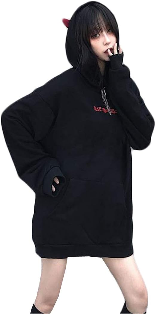 Amazon Co Jp スーイ 小悪魔 パーカー 厚手 中長め 裏起毛 秋冬 原宿風 学生 ゆったり ダーク系 悪魔耳付き 悪魔の翼 無地 フード付き トレーナー 長袖 カジュアルウエア トップス プルオーバー レディース ブラック ｆ ファッション