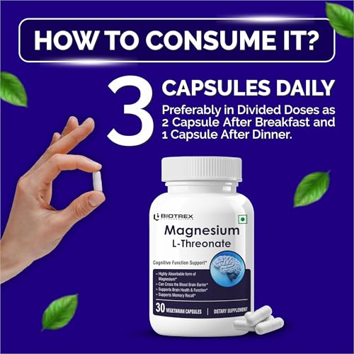 Image of Biotrex Nutraceuticals Magnesium L Threonate 2000mg Per Serving | Better sleep, Cognitive Support & Quick Thinking | Brain & Memory Function | Most Bioavailable Form of Magnesium | 30 Vegetarian Capsules