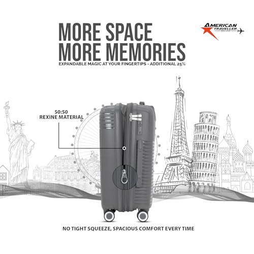 Image of AMERICAN TRAVELLER Touris Travel Trolley Bag Single Medium | Lightweight Expandable Polypropylene Hard Shell | Large Suitcase with TSA Lock | 8 Lego Wheels | Travel Luggage for Men & Women (24, Grey)