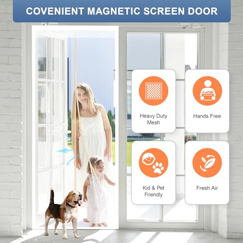Image of HOWIN Magnetic Fly Curtain Balcony Door, Fly Screen Patio Door, No Drilling, 95 x 220 cm, Mosquito Net Door, Fly Protection Doors, Insect Protection Balcony Door, Fly Screen Door Magnetic (White)