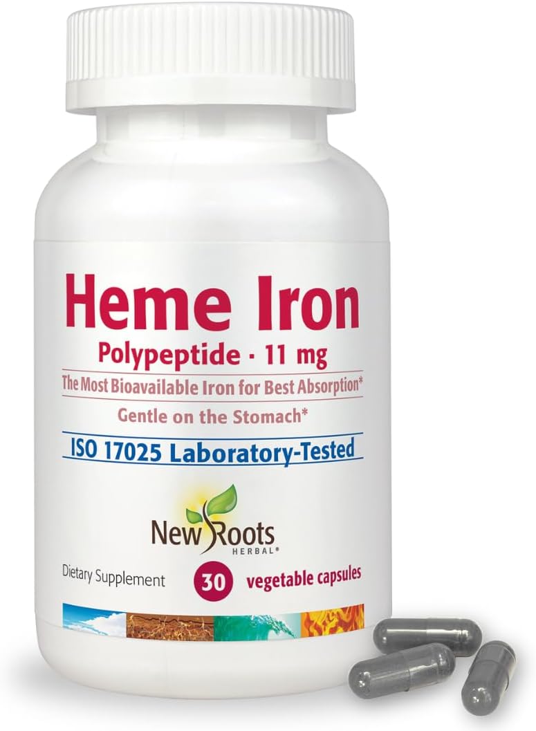 NEW ROOTS HERBAL Heme Iron Supplement | 4-in-1 Formula with Vitamin C, B12, Folate for Best Absorption | Raise Hemoglobin & Ferritin for Women & Men, Low-FODMAP (30 Capsules)