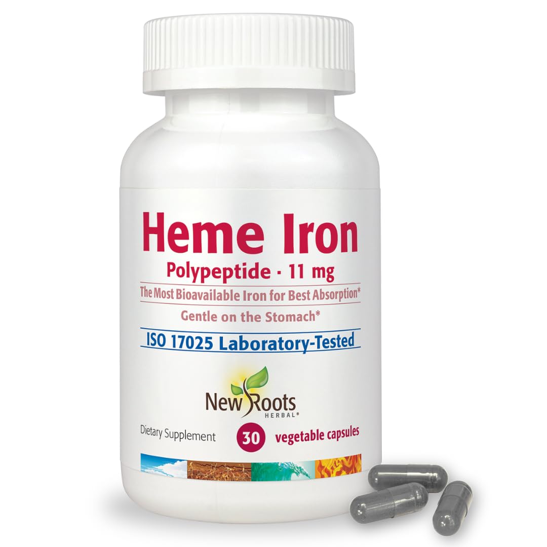 NEW ROOTS HERBAL Heme Iron Supplement with Vitamin C & B12 for Best Absorption | Iron Deficiency Support | Hemoglobin Supplements Designed by Naturopathic Doctors | Low-FODMAP (30 Capsules)