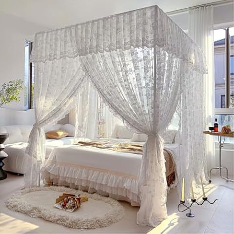 Obokidly Retro Lace Mosquito Net Oldshools Fashioned Style Bed Curtain Canopy for Girls Adults Women Queen King Cal King Size Bed (White-1, 64" W x 86" L (Pack of 1)) Cover