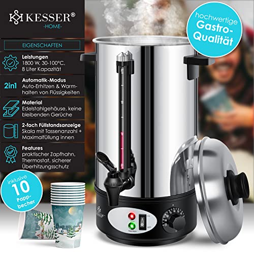 Foto von KESSER® Glühweinkessel 8L Edelstahl Inkl. 10x Becher Glühweinkocher mit Thermostat Glühweinautomat Heißgetränkeautomat Wasserkocher Heißwasserspender Einkochautomat Füllstandanzeige Zapfhahn Silber