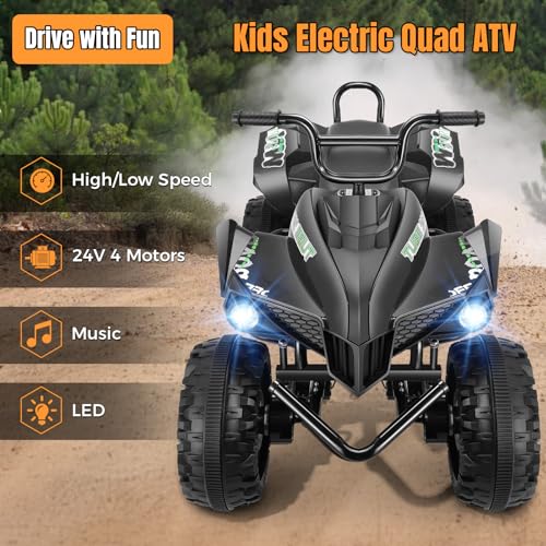Image of Hikole XL 24V ATV, 4 Wheelers for Kids Ages 6-14, 2 Seater, Black | Iron Frame, 4x100w Power Wheels, 24''Spacious Seat, Spring Suspension, Music, LED Lights