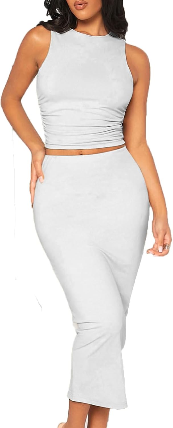 Women's Casual 2 Piece Dress Round Neck Tank Top Bodycon Midi Skirt Dress Set