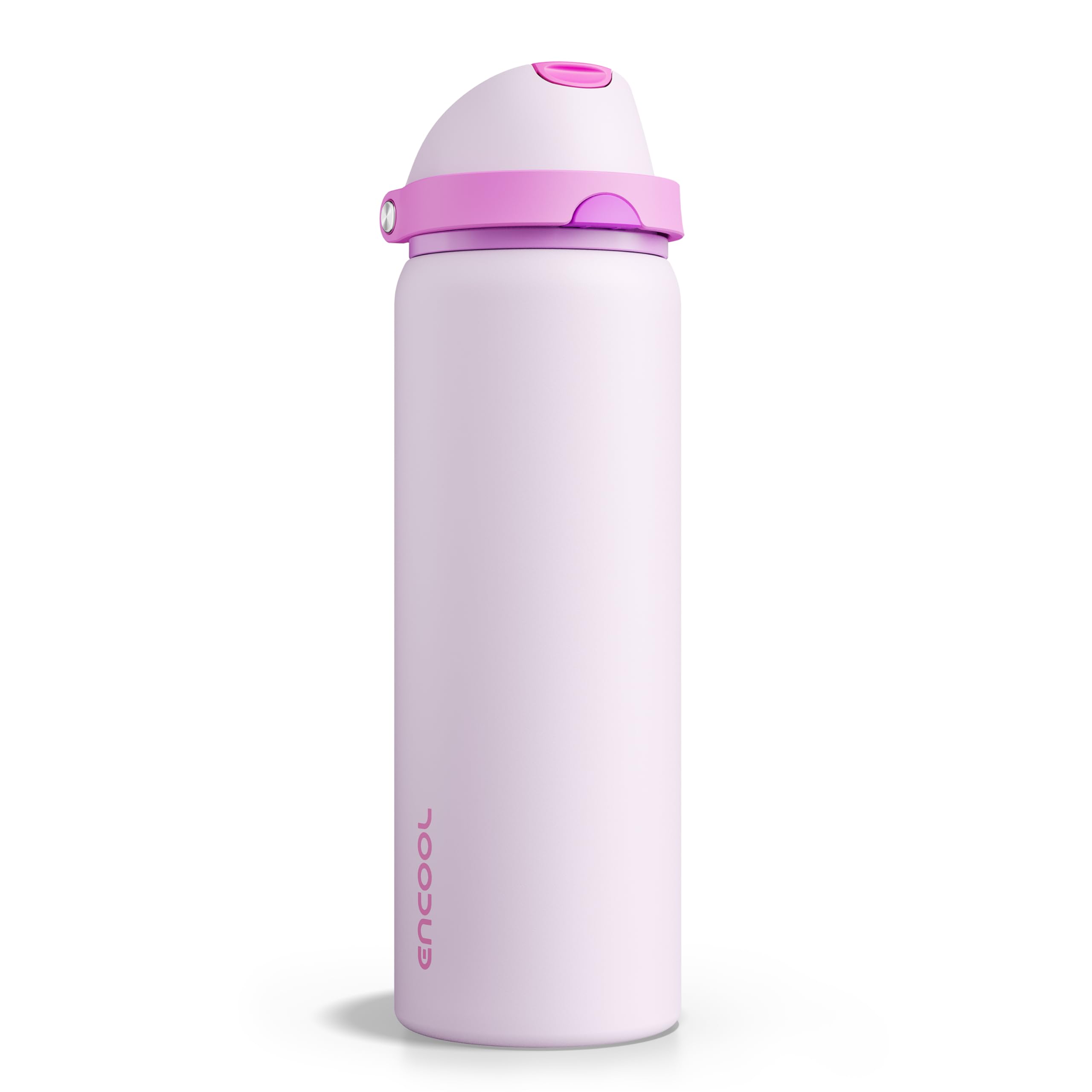 Insulated Water Bottle with Straw - Encool Stainless Steel Water Bottle with Push Button Lid, Leak-Proof &amp; BPA-Free, Keeps Cold for 24 Hours for Sports, Travel, Gym (32 oz, Thistle-Fuchsia)