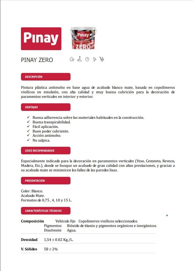 ZERO - PINTURA PLASTICA VINILICA MATE ANTIMOHO - PINAY (10 L)
