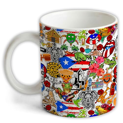 Puerto Rico Cultural Collage Coffee Mug, Colorful Puerto Rican Flag and Symbols, Ceramic Novelty Mug