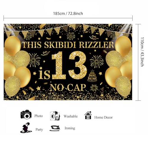 Image of Black Gold This Skibidi Rizzler is 13 No Cap Happy Birthday Backdrop Banner Photography Background Decorations for Boys Girls 13th Year Bday Party Accessories Supplies 72.8 * 43.3in