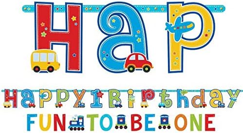 Close-up of the 'HAPPY 1ST' section of the Amscan All Aboard Birthday Banner, showing detailed illustrations of vehicles.