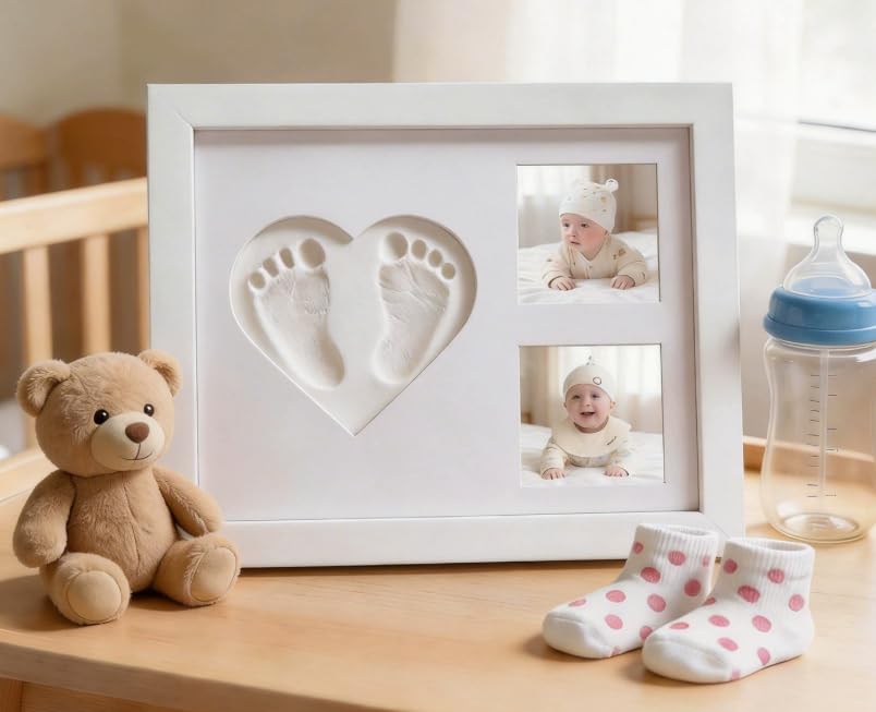 SSJkeji Baby Hand & Footprint Kit,Personalised Baby Gifts, Baby Footprint kit & Handprint kit Photo Frame – Newborn Baby Gifts, Nursery Decor,new Mum Gifts,for Registry Nursery Decor (White)