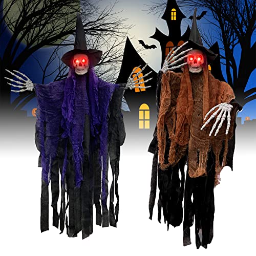VIPNAJI 2 Esqueletos Fantasma Tenebrosos Colgantes, Decoración de Halloween Horror, Morado + Naranja Grim Reaper Ghost 105 cm, Fiestas de Halloween Accesorio, Decoración de Terror para Hallowee