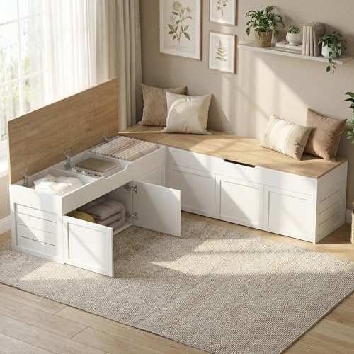 Kikihouse L-Shaped Corner Storage Bench with Cushion, Backless Wood Bench with Hidden Storage, for Dining Nook, Kitchen, Entryway, Cloakroom (Natural Wood (No Cushion))