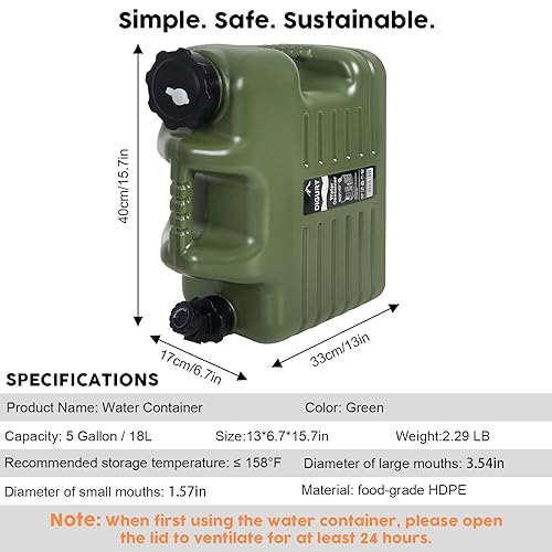 5 Gallon Water Jug, Camping Water Container BPA Free Water Storage with Spigot No Leakage Portable Emergency Water Tank for Outdoor Hiking Camping Picnic Supplies Green - Image 4