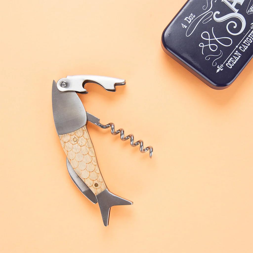 Balvi Sacacorchos Wild Salmon Abrebotellas y Herramienta multifunción con Caja metálica Acero/Madera