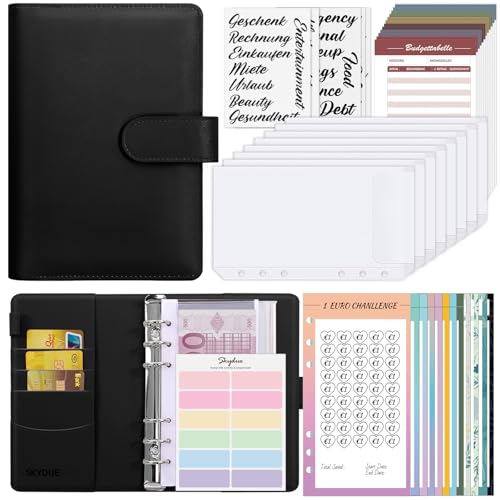 SKYDUE Budget Planner Deutsch,Spar Challenge Für Budget Planer,A6 Budget Für Beginner Mit Geld Organizer, Haushaltsbuch Mit Geldfächer, Bugetplaner Deutsch Startset (Schwarz)