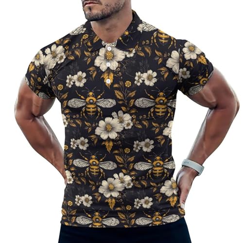 Polo de golf respirant anti-humidité effet sec motif rétro floral jaune