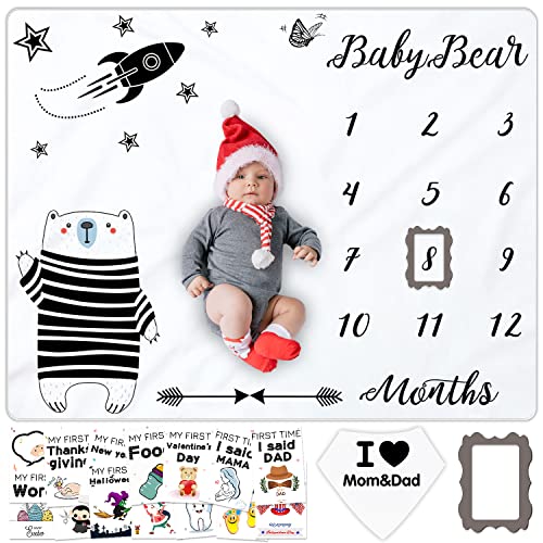 Image of Kmivo Baby Milestone Blanket, Baby Monthly Milestone Blanket for Baby Boy Soft Large Blanket for Newborn to 12 Months with Milestone Marker & Cards (Baby Bear /40”x 51”)