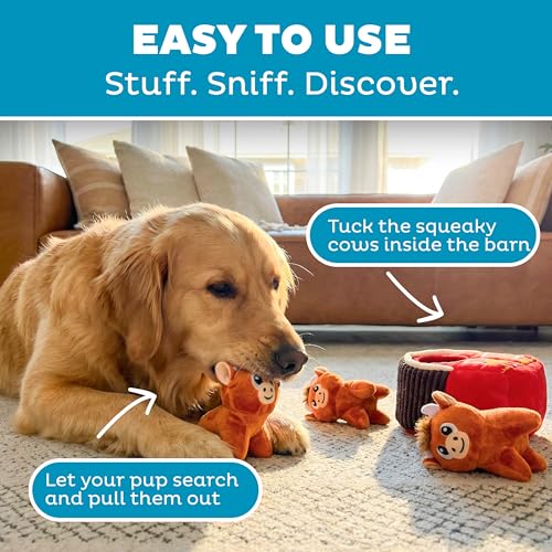 Image of Outward Hound Hide-A-Cow Dog Toy, 2-in-1 Interactive Hide & Seek Plush Puzzle with Barn & 3 Squeaky Highland Cows