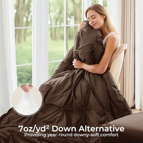 Image of Sasttie Twin Comforter Set, 5-Piece Bed in a Bag, Pintuck Bedding Sets for All Season, Includes Comforter, Flat Sheet, Fitted Sheet, Pillowcase and Pillowsham, Dark Brown