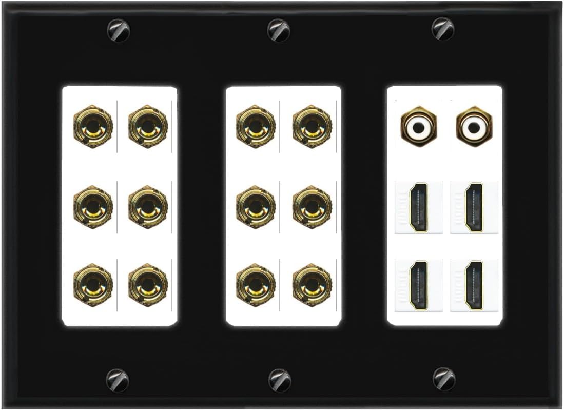 RiteAV 6.2 Surround Sound 6 Speaker 12 Banana Plug Jack Wall Plate w/ 2 RCA Subwoofer + 4 HDMI Female Connectors - 3 Gang [White]