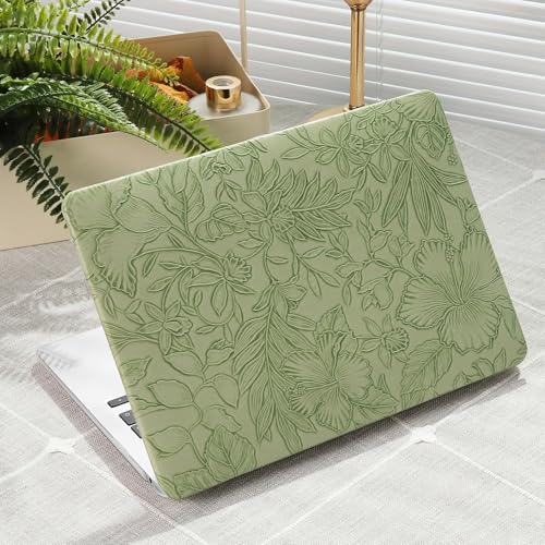 iCasso for MacBook Air 13 inch Case 2017-2010 Release Older Version Model A1466 A1369 Retro Leather Hard Shell Case for MacBook air 13 inch+Keyboard Cover+Screen Protector Green Embossed Floral