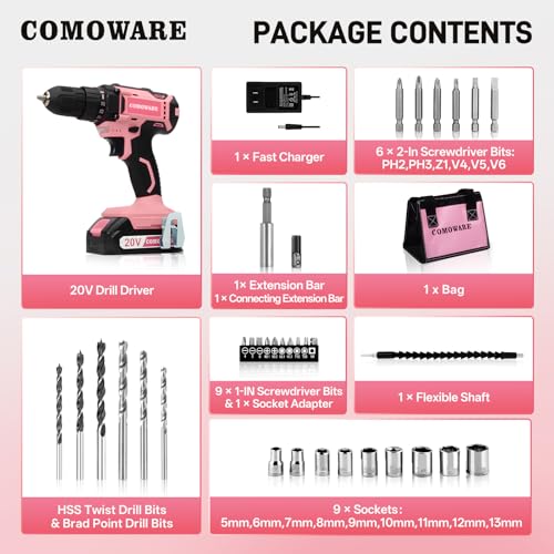 Image of COMOWARE Cordless Drill Set, 20V Pink Power Drill Set for Women, 1 Battery & Charger, 3 /8 inch Keyless Chuck, 2 Variable Speed, 266 In-lb Torque, 25+1 Position, with Pink Storage Bag
