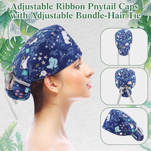 Image of 6 Pcs Scrub Cap Women Adjustable Nurse Cap with Button Bouffant Medical Surgical Hat Sweatband for Gift