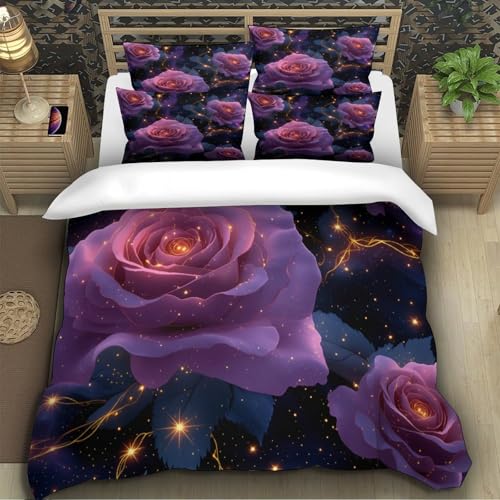 Parure de lit microfibre 140x200cm imprimé roses violettes 3D - 5