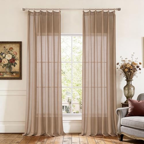 KangBang Brown Pinch Pleated Sheer Curtains 96 Inches Long for Living Room Light Filtering Taupe Voile Drapes for Bedroom Dining Soft Vertical Tree Branch Textured Panels(8 FT 42x96 Inch 2 PCs)
