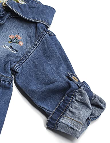 KIDSCOOL SPACE Baby Little Girl Jean Coat Dress,Flower Bird Embroidered Pleated Denim Shirt Dress4
