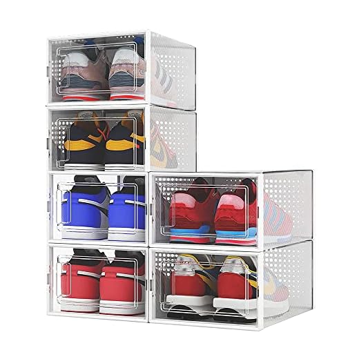 REFORUNG 6 Piezas Cajas para Zapatos Transparentes Cajas de Almacenaje para Zapatos Apilables Caja para Guardar Zapatillas Organizador de Zapatos de Plástico Plegable con Tapa Frontal Hasta Talla 45