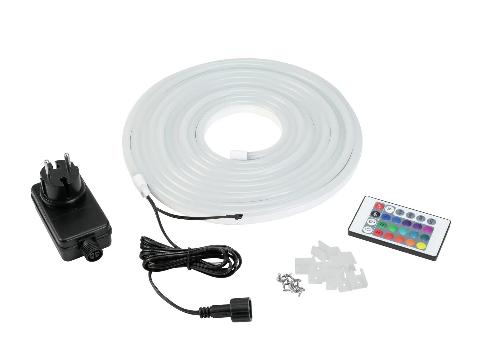 EUROLITE LED Neon Flex 24V RGB 5m mit IR Set | Flexibler Lichtschlauch mit 360 RGB-LEDs, Netzteil & Fernbedienung, IP44, 730 lm