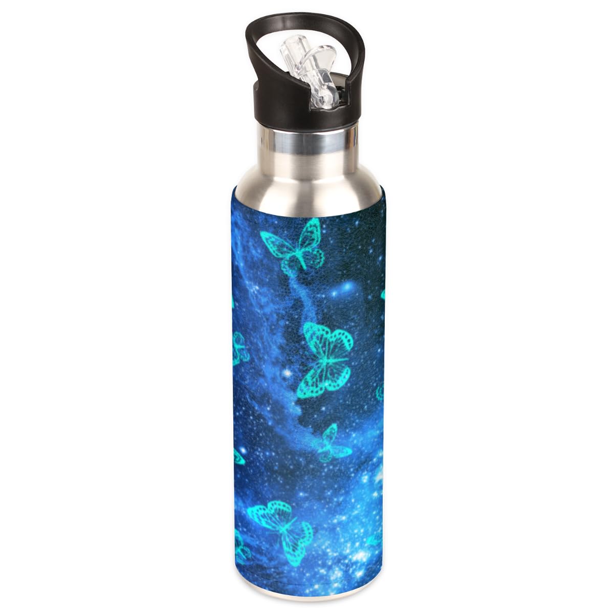 Insulated Stainless Steel Water Bottle with Straw 20oz Navy Blue Space Galaxy Butterfly Sports Water Bottles BPA Free Leakproof Metal Vacuum Flask Jug